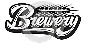 Vector monochrome illustration with calligraphic inscription - brewery and spikelet