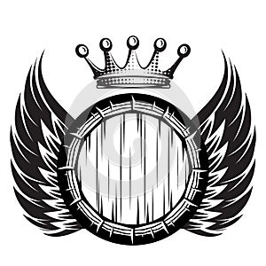 Vector monochrome illustration with cask, wings and crown