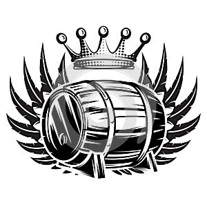 Vector monochrome illustration with cask, wings and crown