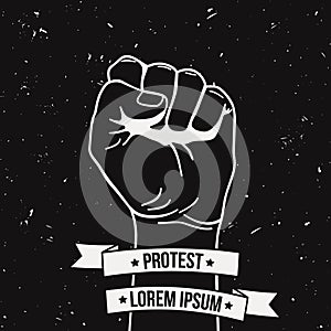 Vector monochrome illustration of clenched fist held high in protest
