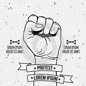 Vector monochrome illustration of clenched fist held high in protest