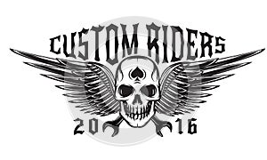 Vector monochrome illustration on a motorcycle theme with skull and wings