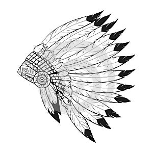 Vector monochrome illustration of native American war bonnet.