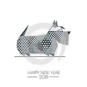 Vector monochrome illustration of scottish terrier dog with patchwork geometric triangle texture. New Year greeting card