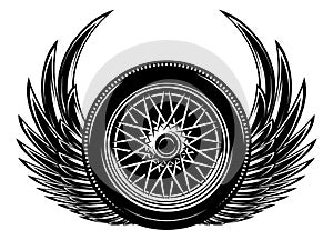 Vector monochrome illustration with wings and wheel