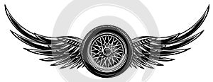 Vector monochrome illustration with wings and wheel