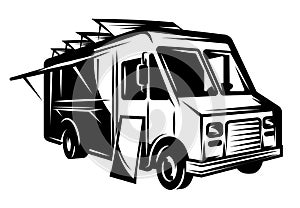Vector monochrome image with a food truck selling fast food