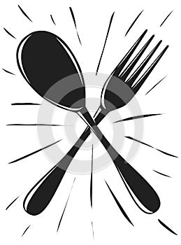 Vector monochrome image of a spoon and fork. Poster in vintage retro style for printing on the wall. Kitchen decoration. Cooking