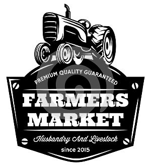 Vector monochrome pattern with vintage tractor on field