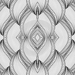 Vector Monochrome Seamless Abstract Tribal Pattern with Waves