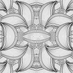 Vector Monochrome Seamless Abstract Tribal Pattern with Waves