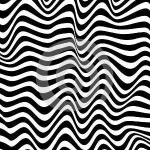 Vector monochrome seamless pattern, curved lines, striped black & white background. Abstract dynamical rippled texture, 3D