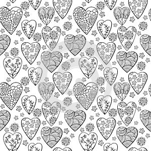 Vector monochrome seamless pattern of hearts with flowers. The best for Valentines's Day, Wedding and Birthday design.