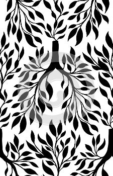 Vector monochrome seamless pattern with silhouette of human lungs from leaves and branches on white background. Clean natural air