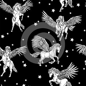 Vector monochrome seamless pattern of winged pegasus