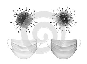 Vector monochrome set of coronavirus bacteria with medical face masks isolated on white background.