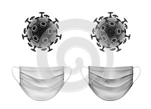 Vector monochrome set of coronavirus bacteria with medical face masks isolated on white background.