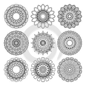 Vector Monochrome Set of Mandalas. Round Abstract Objects