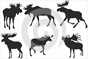 Vector monochrome set of moose silhouettes.