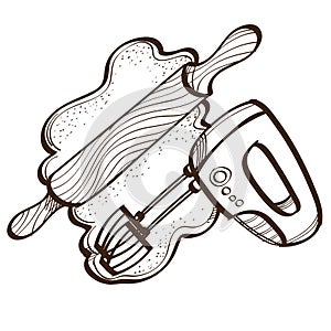 Vector monochrome set of rollout dough with rolling pin and mixer. Illustration isolated on white background