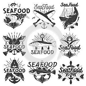 Vector monochrome set of seafood emblems, badges, banners, logos. Isolated illustration in vintage style for groceries