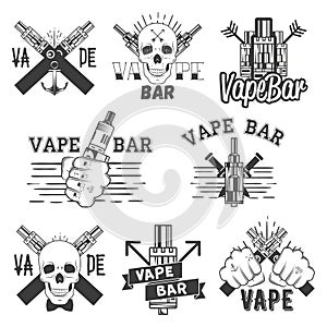 Vector monochrome set of vape bar stickers, banners, logos, labels, emblems or badges. Vintage style electronic