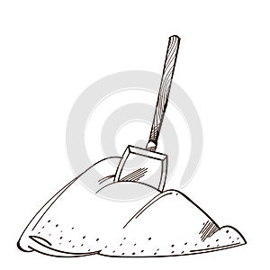 Vector monochrome shovel in a pile of snow. Illustration isolated on white background