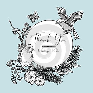 Vector monochrome vintage set of floral spring greeting card, with birds, fir branches, cotton, flowers and butterflies