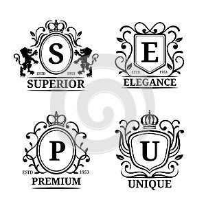 Vector monogram logo templates. Luxury letters design. Graceful vintage characters with crown and lions illustration.