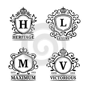 Vector monogram logo templates. Luxury letters design. Graceful vintage characters with crowns illustration.