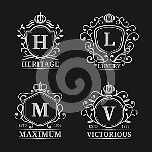Vector monogram logo templates. Luxury letters design. Graceful vintage characters with crowns illustration.