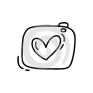 Vector monoline cute camera. Valentines Day Hand Drawn icon. Holiday sketch doodle Design element valentine with Heart