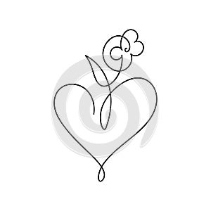 Vector monoline one line flower and heart. Valentines Day Hand Drawn icon. Holiday sketch doodle Design element. love