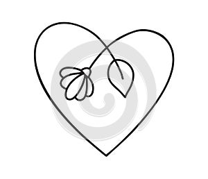 Vector monoline one line flower and heart. Valentines Day Hand Drawn icon. Holiday sketch doodle Design element. love