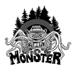 Vector Monster truck with tentacles of the mollusk and forest landscape. Mystical animal car tattoo. Adventure, travel