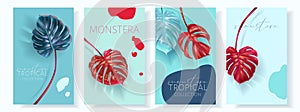 Vector monstera banners with green tropical leaves