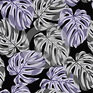 Vector monstera leaves pattern on black background