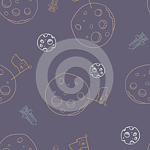 Vector Moon Conquest with Landing Rockets on Navy Blue seamless pattern background.