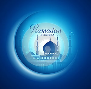 Vector Moon and Mosque Lightning in Dark Background with Ramadan Kareem