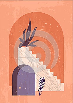 Vector Morocco inspired mid century modern boho style home decor. Modern abstract landscape. Artistic Scandinavian minimal print.