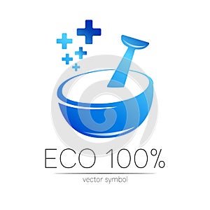 Vector mortar and pestle blue symbol logo with few cross. Ecology icon concept for medicine, vegetarian, therapy