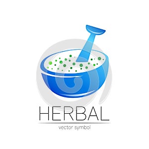 Vector mortar and pestle blue symbol logo. Herbal icon concept for medicine, vegetarian, therapy, pharmacology and