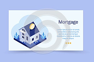 Vector Mortgage Loan illustration. Mortgage banner template with house, money, golden coins, leaves.
