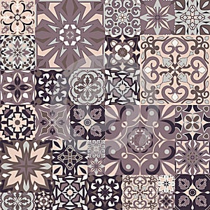 Vector mosaic patchwork ornament with square tiles. Seamless texture. Portuguese azulejos decorative pattern