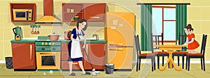 Vector mother and girl cleaning kitchen together