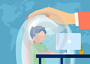 Vector of a mother keeping a child in a glass dome while he is browsing web