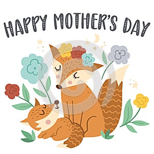 Vector Mothers Day card with cute boho elements. Pre-made design with woodland baby fox with mother. Bohemian style poster with