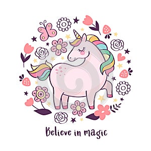 Vector motivation card with cute unicorn