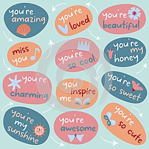 Vector Motivational Collection of stickers with the words you're loved, you're charming