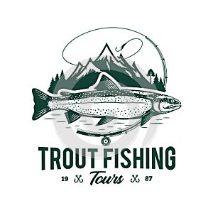 Vector mountain lake trout fishing logo